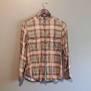 Chaps Denim Womens Plaid Collarless Shirt M Brown Long Sleeve Button Up Top